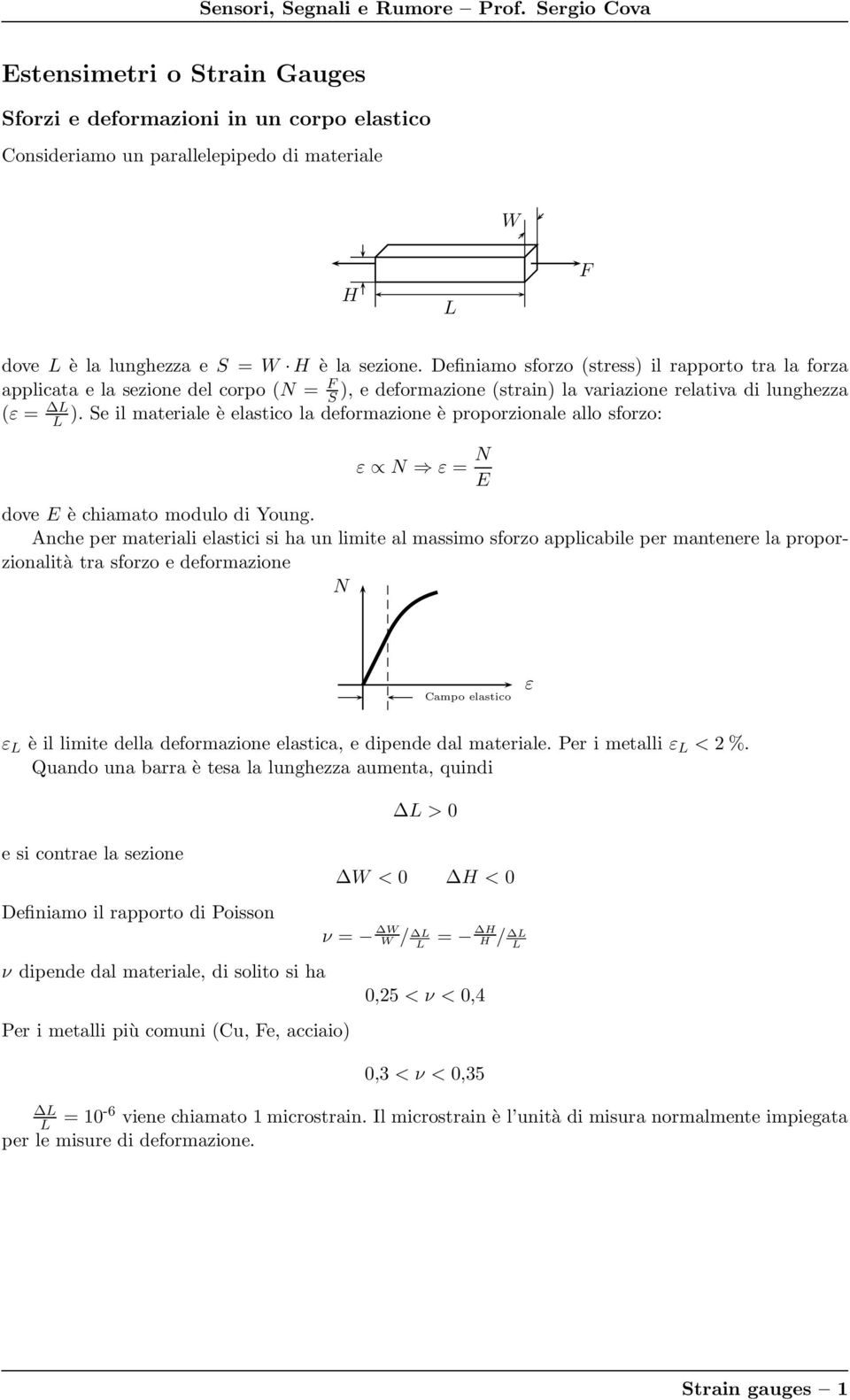 Se il materiale è elastico la deformazione è proporzionale allo sforzo: ε ε = E dove E è chiamato modulo di Young.