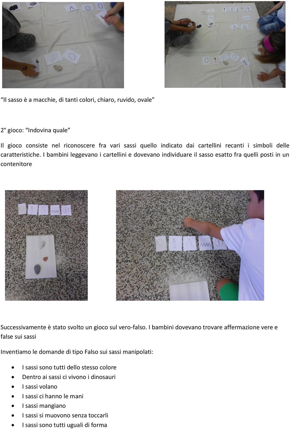 I bambini leggevano i cartellini e dovevano individuare il sasso esatto fra quelli posti in un contenitore Successivamente è stato svolto un gioco sul vero-falso.