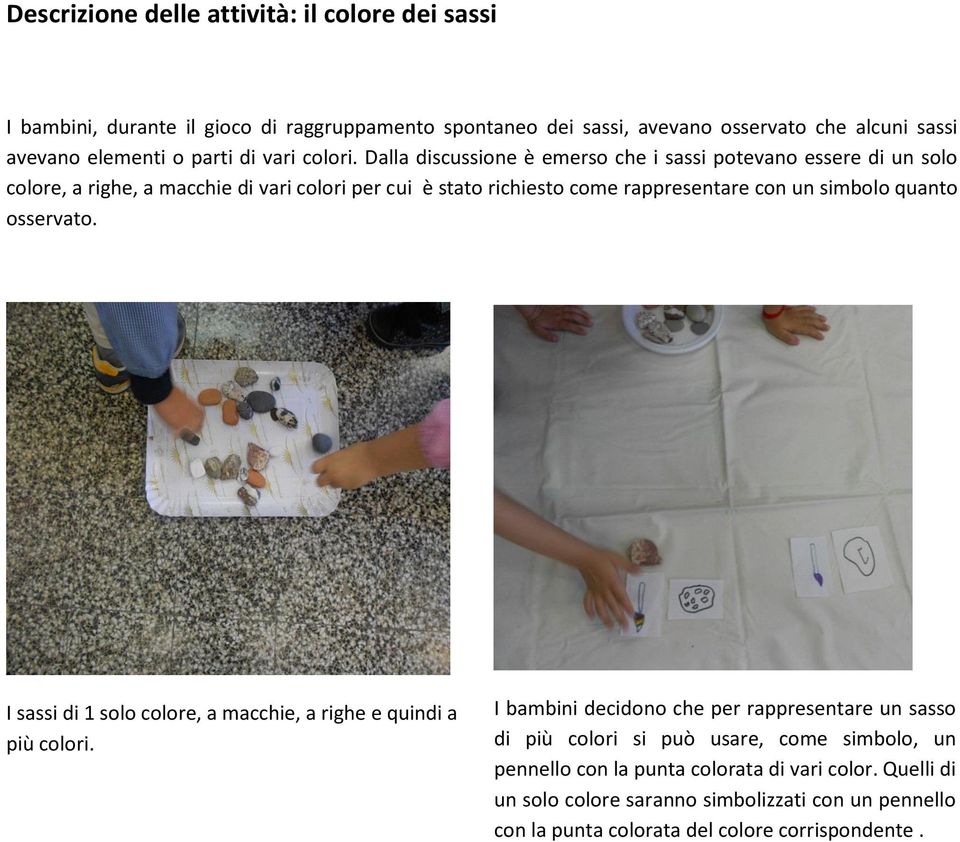 Dalla discussione è emerso che i sassi potevano essere di un solo colore, a righe, a macchie di vari colori per cui è stato richiesto come rappresentare con un simbolo