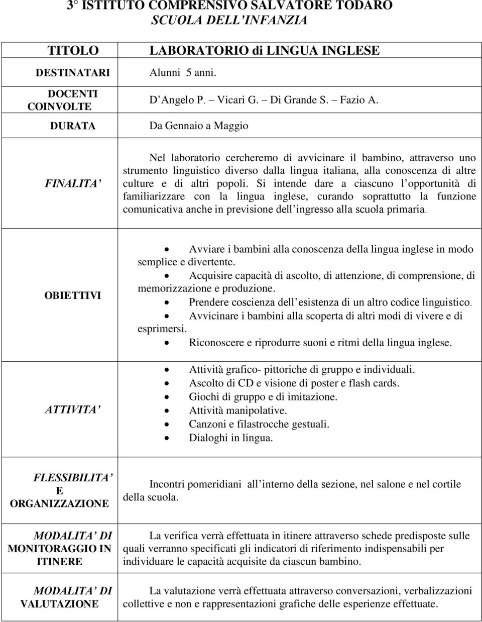 popoli. Si intende dare a ciascuno l opportunità di familiarizzare con la lingua inglese, curando soprattutto la funzione comunicativa anche in previsione dell ingresso alla scuola primaria.