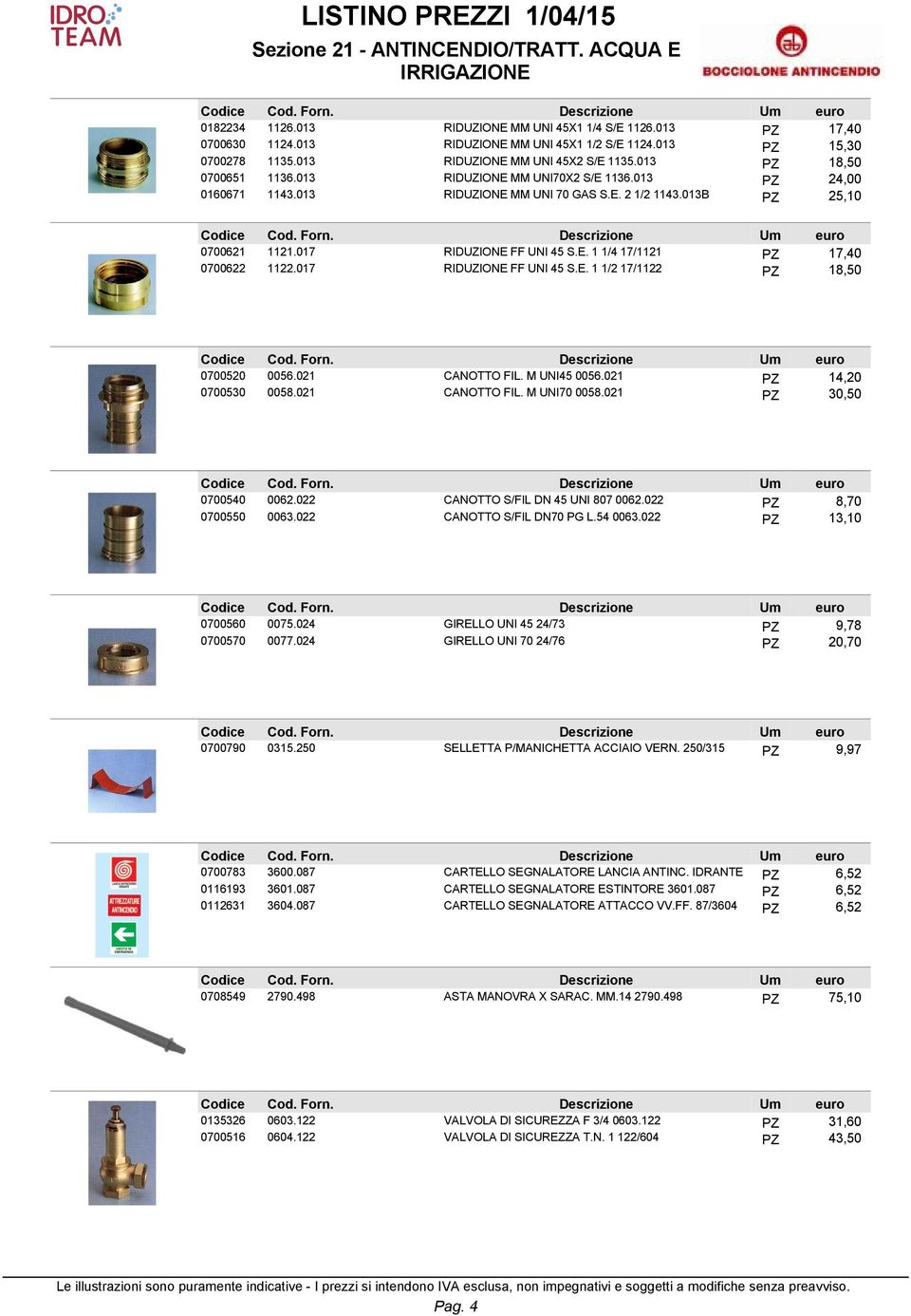 017 RIDUZIONE FF UNI 45 S.E. 1 1/2 17/1122 PZ 18,50 0700520 0056.021 CANOTTO FIL. M UNI45 0056.021 PZ 14,20 0700530 0058.021 CANOTTO FIL. M UNI70 0058.021 PZ 30,50 0700540 0062.