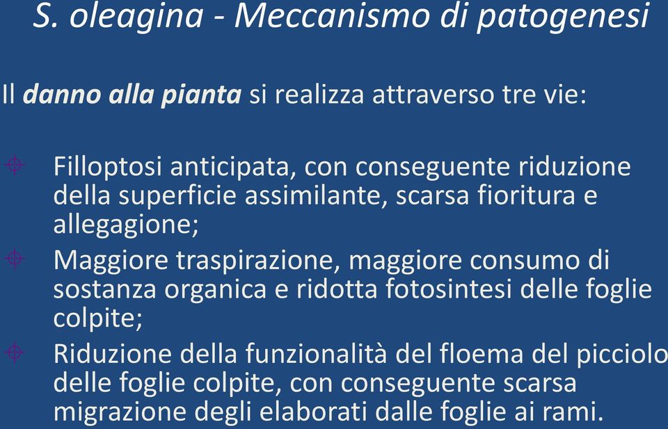 traspirazione, maggiore consumo di sostanza organica e ridotta fotosintesi delle foglie colpite; Riduzione della