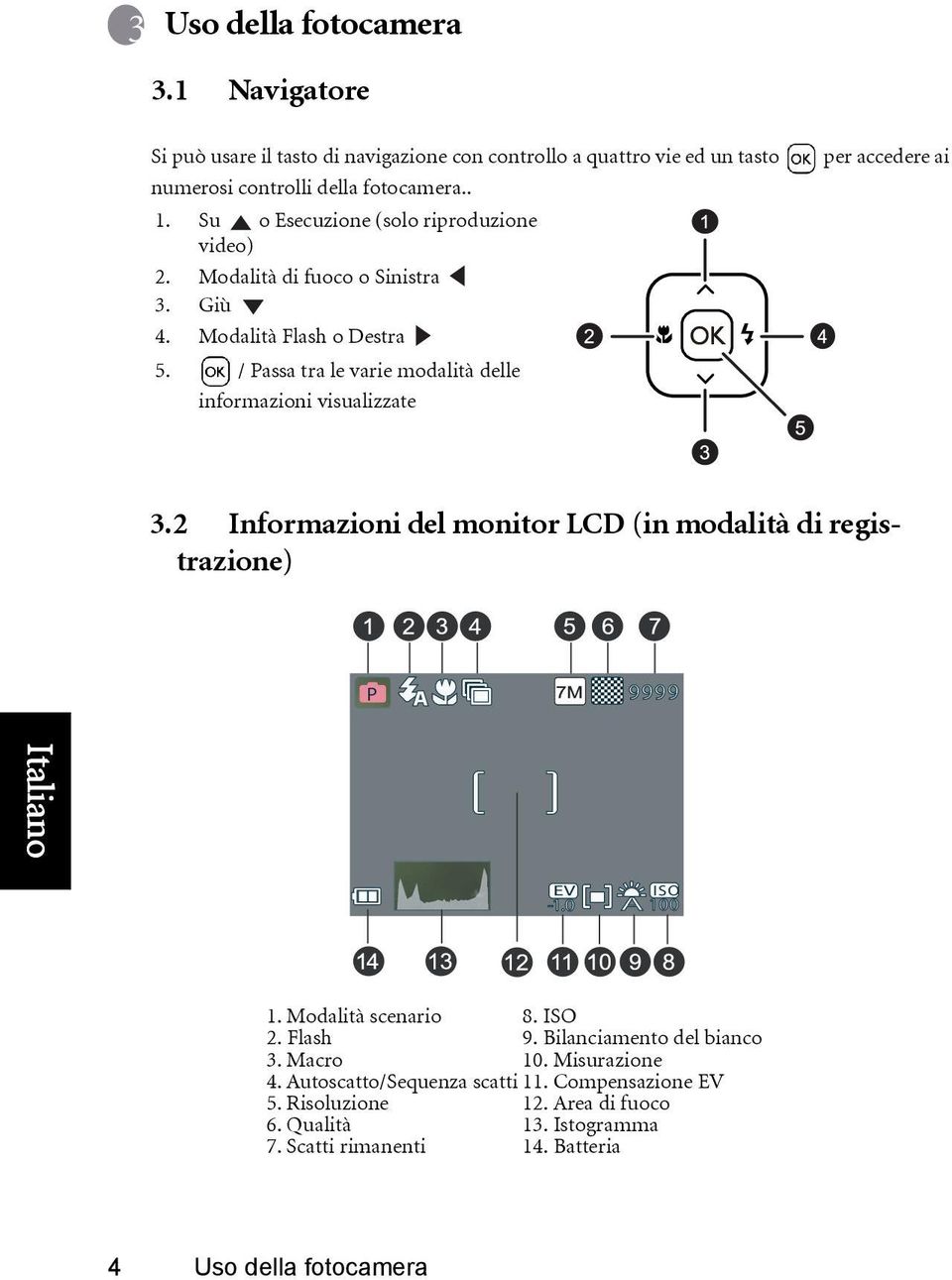 / Passa tra le varie modalità delle informazioni visualizzate per accedere ai 3.2 Informazioni del monitor LCD (in modalità di registrazione) P 9999 Italiano EV ISO -1.