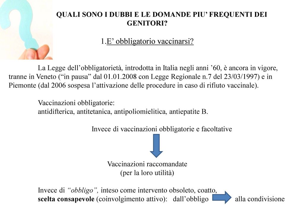 7 del 23/03/1997) e in Piemonte (dal 2006 sospesa l attivazione delle procedure in caso di rifiuto vaccinale).