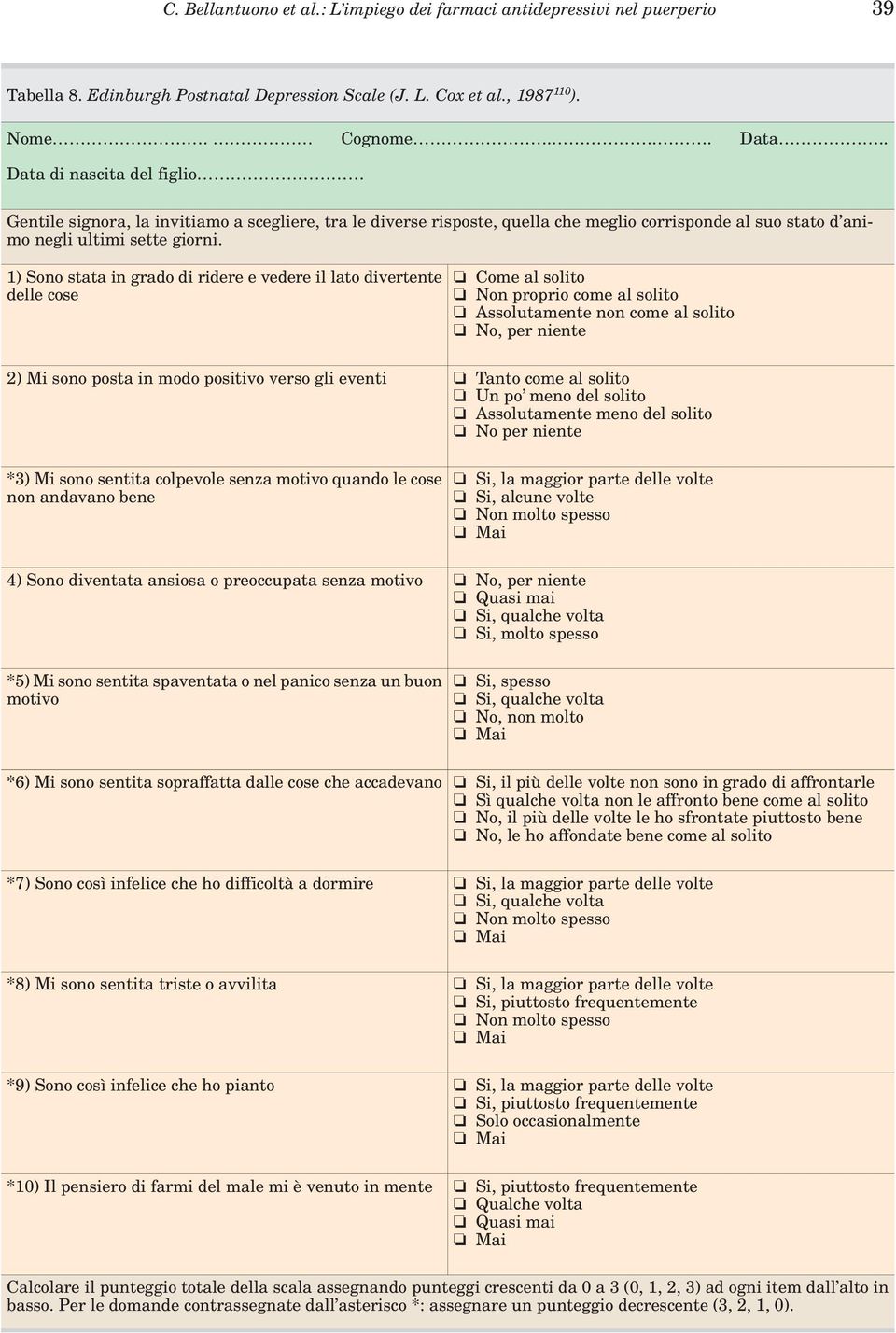 1) Sono stata in grado di ridere e vedere il lato divertente delle cose Come al solito Non proprio come al solito Assolutamente non come al solito No, per niente 2) Mi sono posta in modo positivo