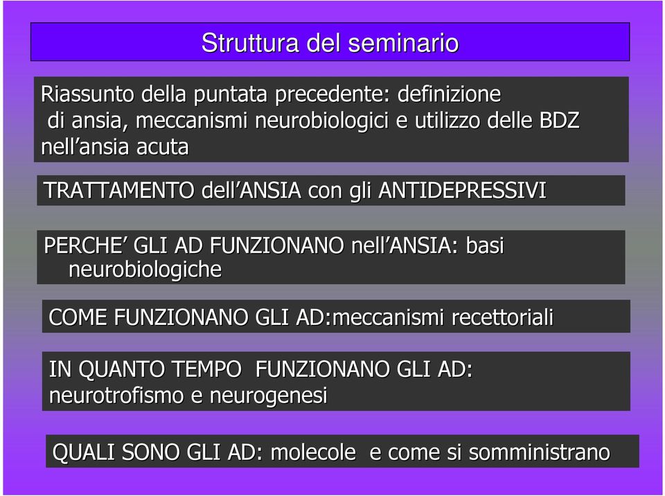 PERCHE GLI AD FUNZIONANO nell ANSIA: basi neurobiologiche COME FUNZIONANO GLI AD:meccanismi