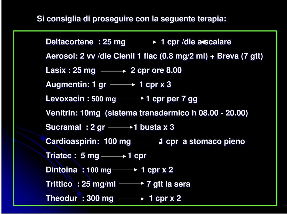 00 Augmentin: 1 gr 1 cpr x 3 Levoxacin : 500 mg 1 cpr per 7 gg Venitrin: 10mg (sistema transdermico h 08.00-20.