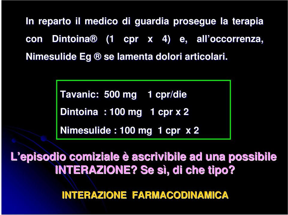 Tavanic: 500 mg 1 cpr/die Dintoina : 100 mg 1 cpr x 2 Nimesulide : 100 mg 1 cpr x 2