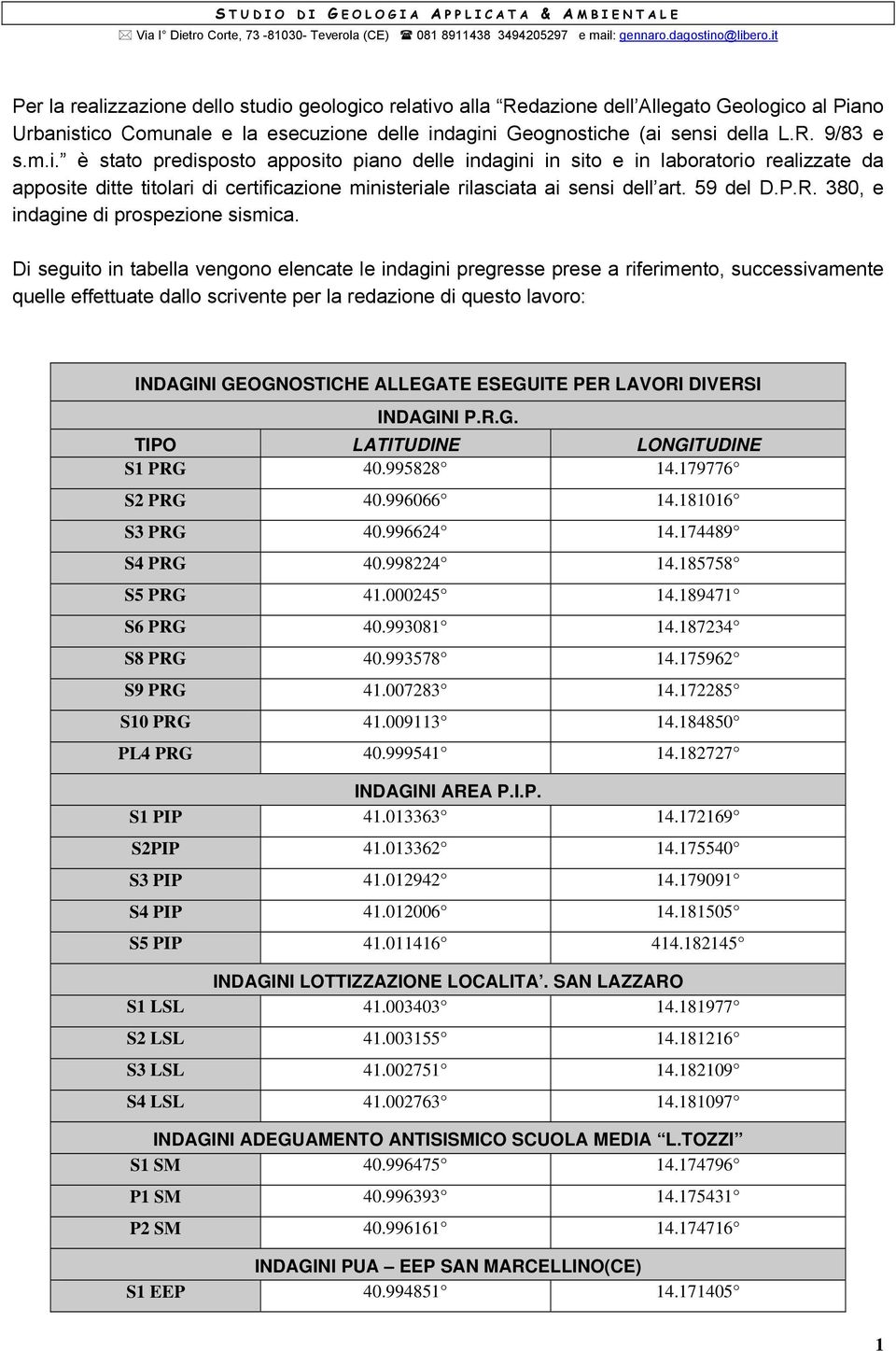 Di seguito in tabella vengono elencate le indagini pregresse prese a riferimento, successivamente quelle effettuate dallo scrivente per la redazione di questo lavoro: INDAGINI GEOGNOSTICHE ALLEGATE