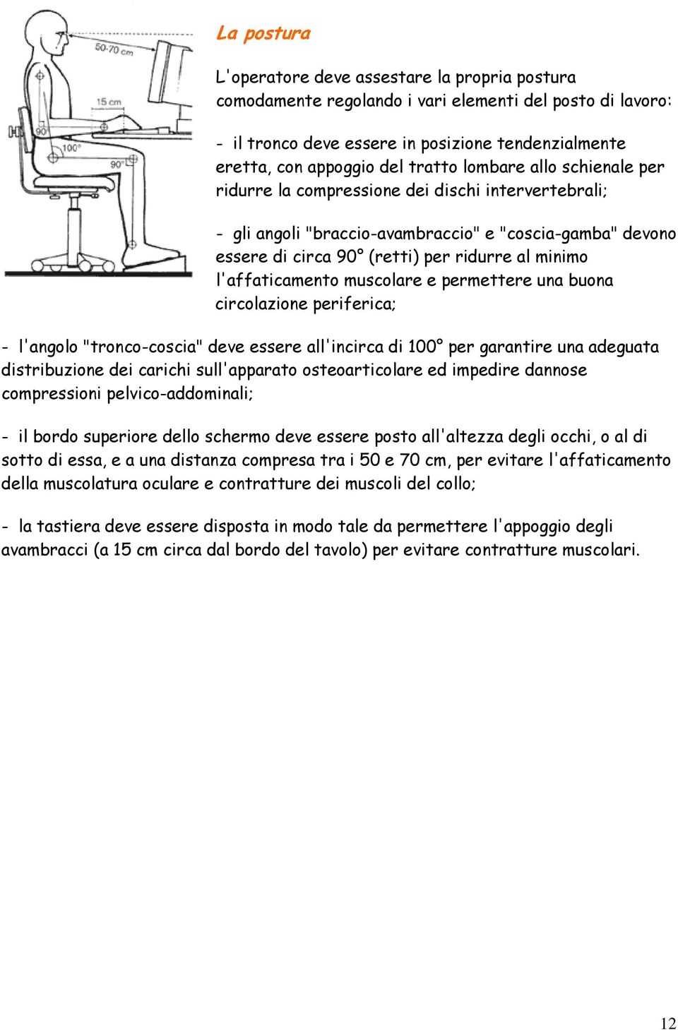 l'affaticamento muscolare e permettere una buona circolazione periferica; - l'angolo "tronco-coscia" deve essere all'incirca di 100 per garantire una adeguata distribuzione dei carichi sull'apparato