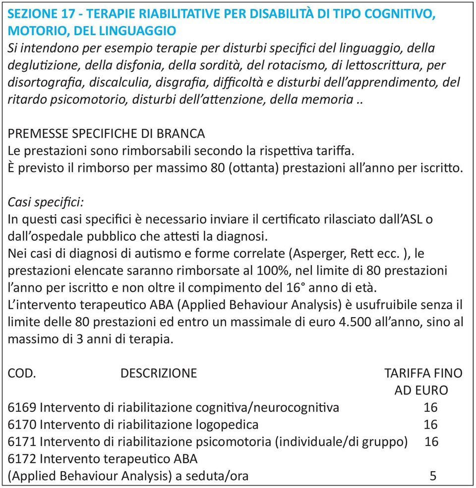 della memoria.. PREMESSE SPECIFICHE DI BRANCA Le prestazioni sono rimborsabili secondo la rispettiva tariffa. È previsto il rimborso per massimo 80 (ottanta) prestazioni all anno per iscritto.