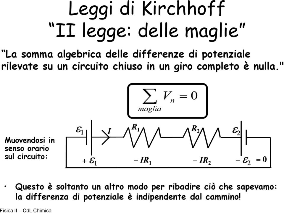 " Muovendosi in senso orario sul circuito: R 1 I 1 R 2 2 + 1 - IR 1 - IR 2-2 = 0 Questo