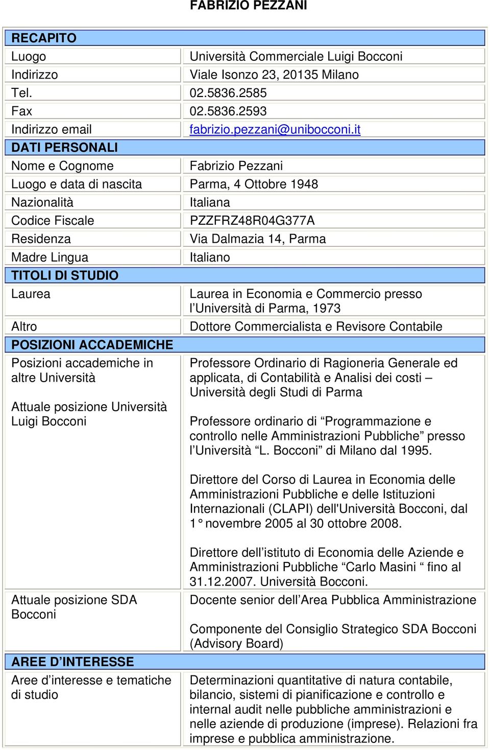 Posizioni accademiche in altre Università Attuale posizione Università Luigi Bocconi Italiana PZZFRZ48R04G377A Via Dalmazia 14, Parma Italiano Laurea in Economia e Commercio presso l Università di