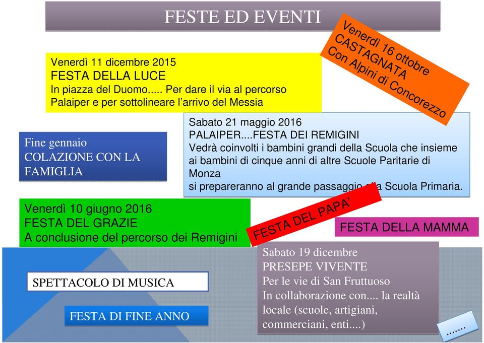 Remigini SPETTACOLO DI MUSICA FESTA DI FINE ANNO Venerdì 16 ottobre CASTAGNATA Con Alpini di Concorezzo Sabato 21 maggio 2016 PALAIPER.
