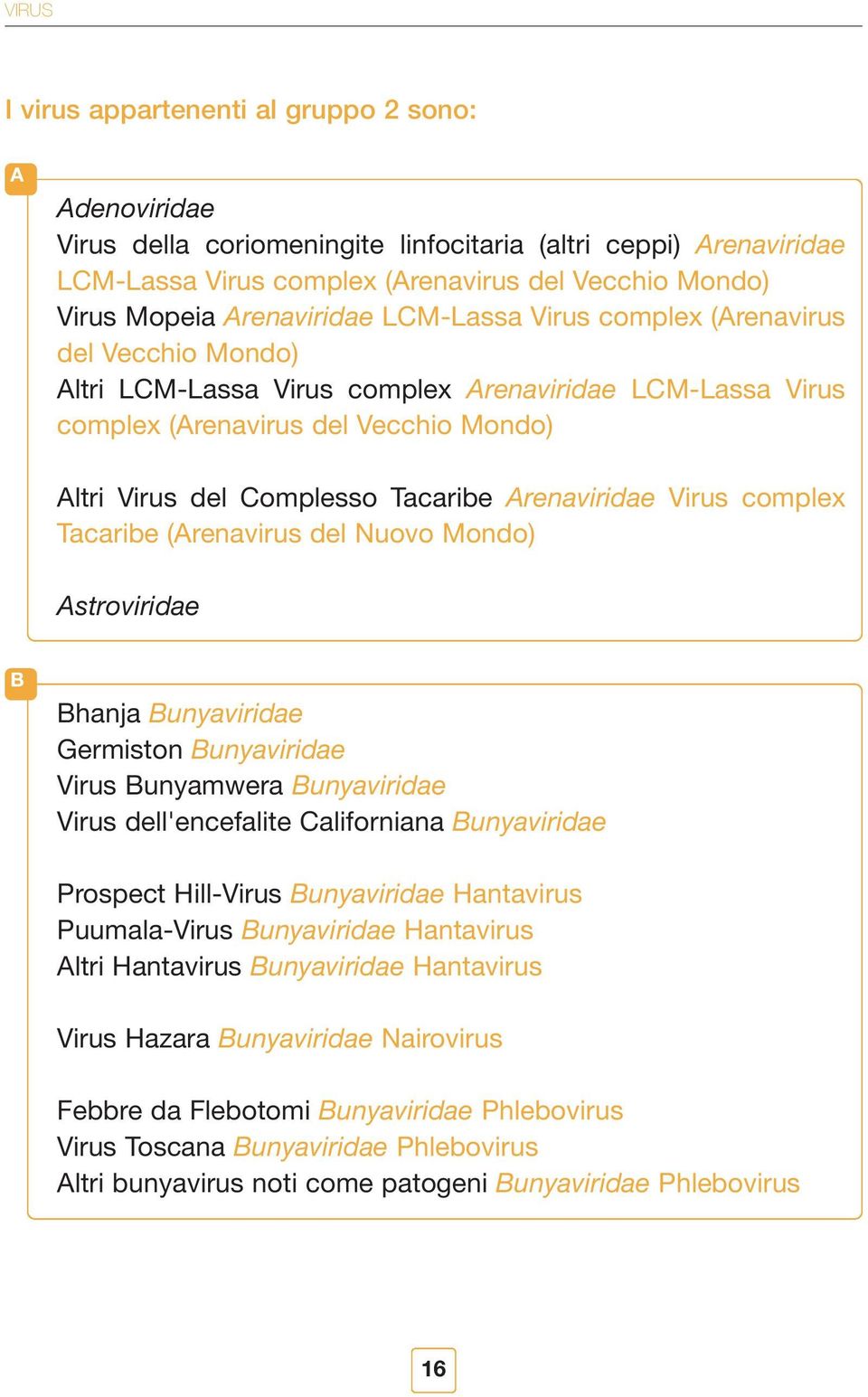 Tacaribe Arenaviridae Virus complex Tacaribe (Arenavirus del Nuovo Mondo) Astroviridae B Bhanja Bunyaviridae Germiston Bunyaviridae Virus Bunyamwera Bunyaviridae Virus dell'encefalite Californiana