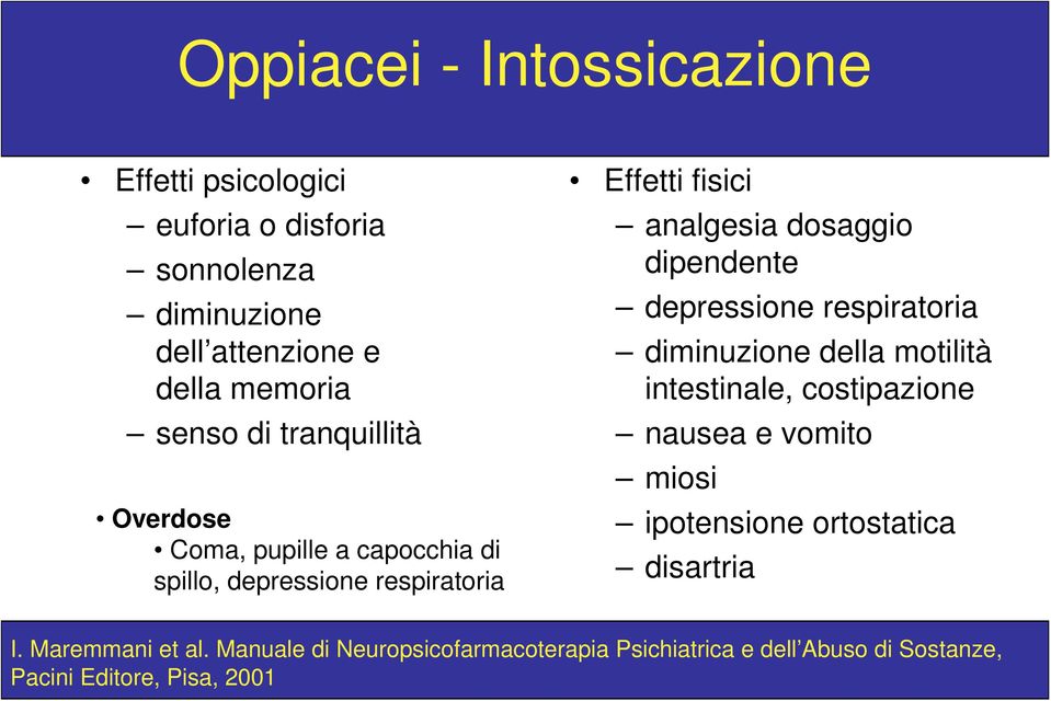 depressione respiratoria diminuzione della motilità intestinale, costipazione nausea e vomito miosi ipotensione ortostatica