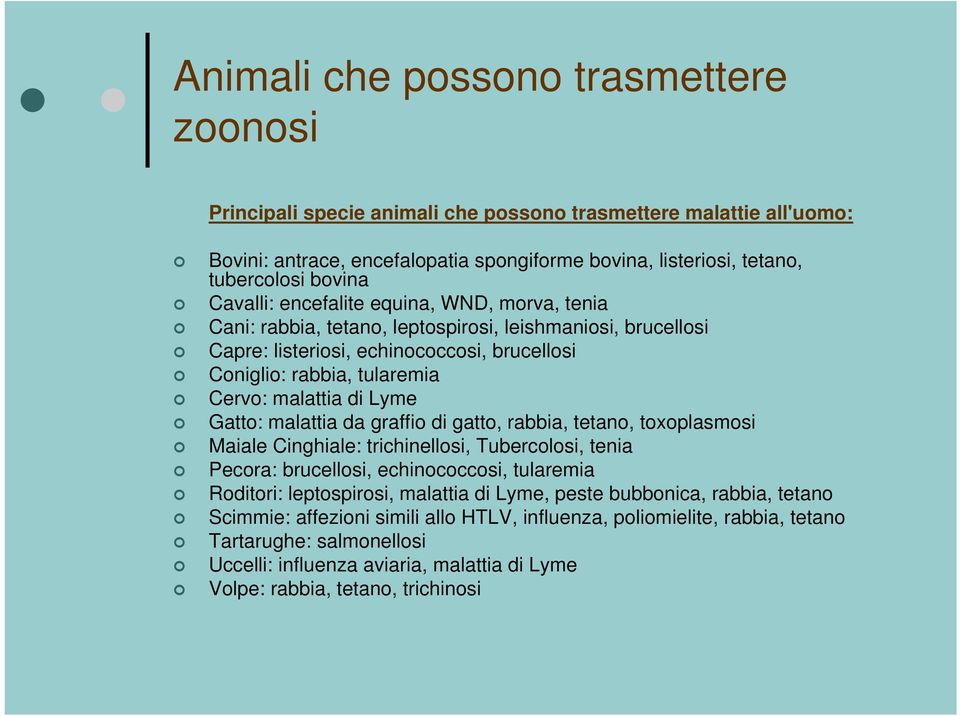 Lyme Gatto: malattia da graffio di gatto, rabbia, tetano, toxoplasmosi Maiale Cinghiale: trichinellosi, Tubercolosi, tenia Pecora: brucellosi, echinococcosi, tularemia Roditori: leptospirosi,