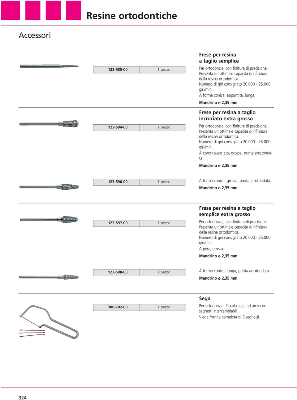 Presenta un ottimale capacità di rifinitura della resina ortodontica. Numero di giri consigliato 20.000-25.000 giri/min. A cono rovesciato, grossa, punta arrotondata.