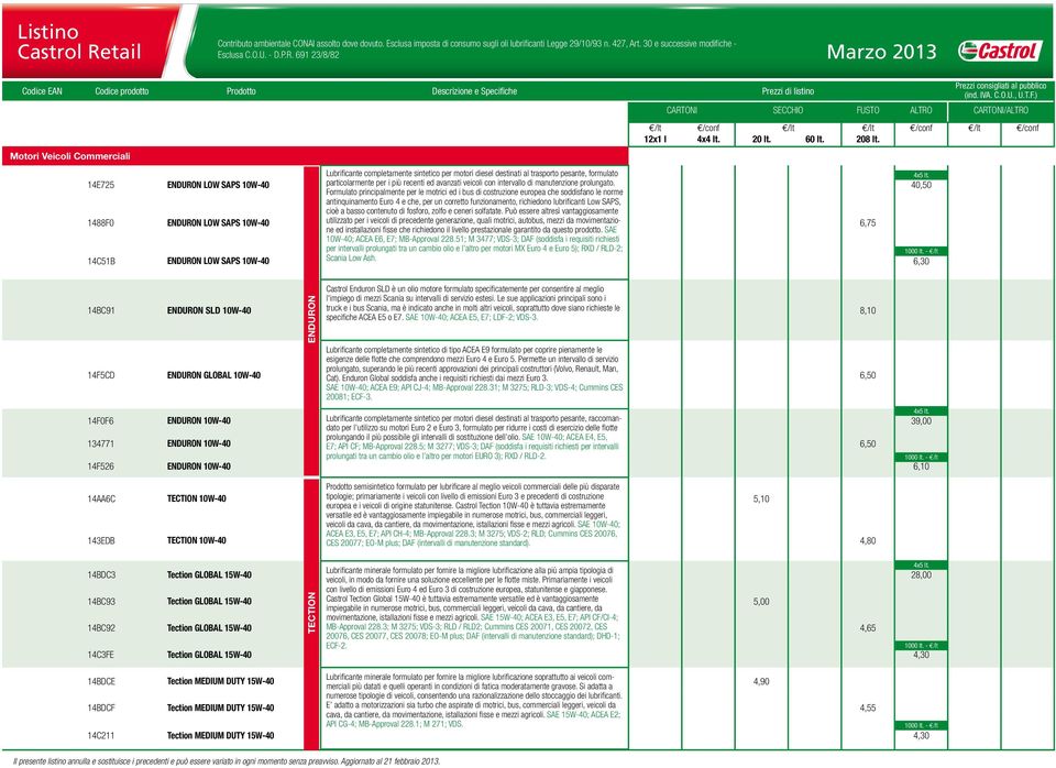 40,50 1488F0 ENDURON LOW SAPS 10W-40 antinquinamento Euro 4 e che, per un corretto funzionamento, richiedono lubrificanti Low SAPS, cioè a basso contenuto di fosforo, zolfo e ceneri solfatate.