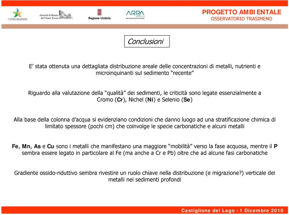 limitato spessore (pochi cm) che coinvolge le specie carbonatiche e alcuni metalli Fe, Mn, As e Cu sono i metalli che manifestano una maggiore mobilità verso la fase acquosa, mentre il P sembra