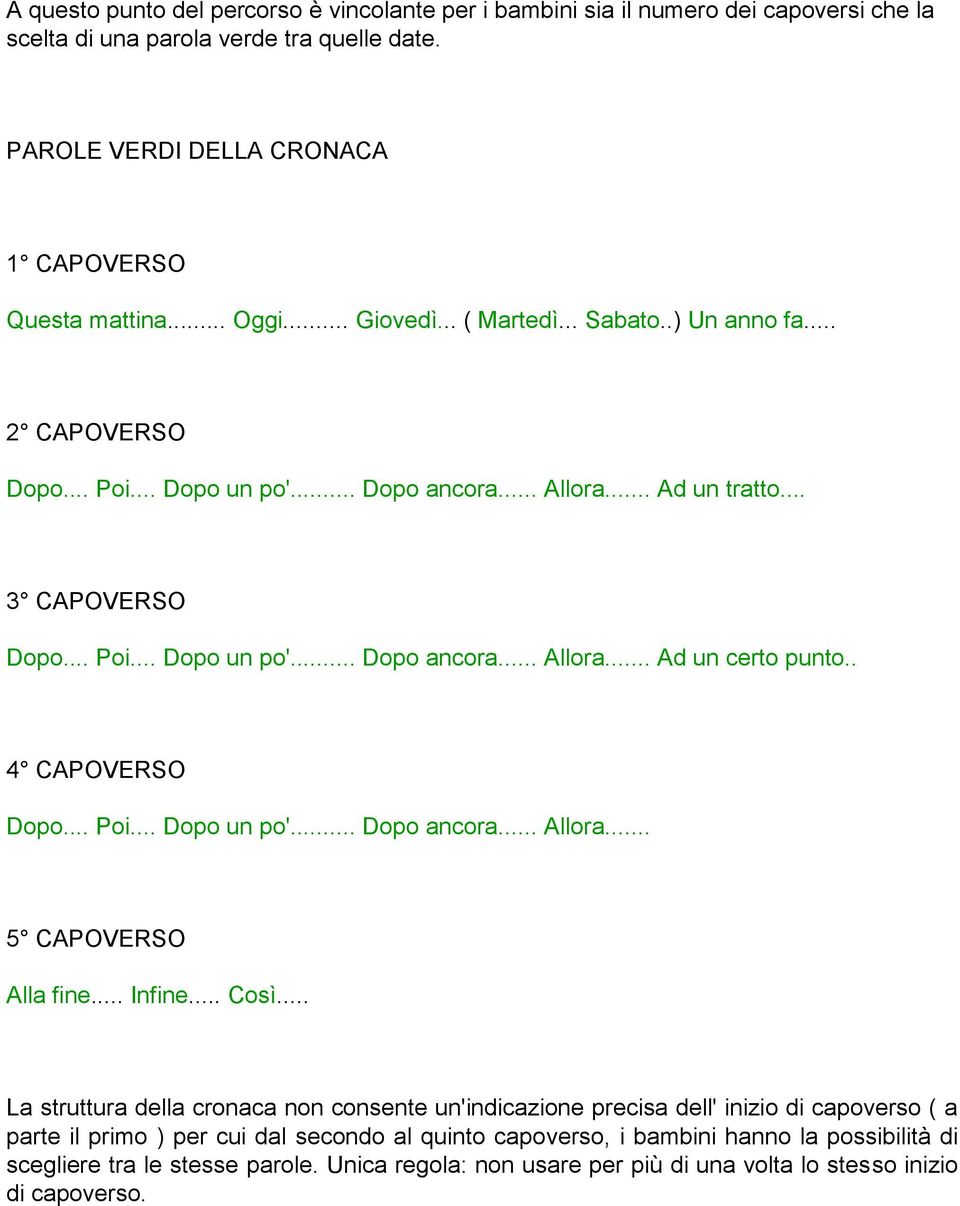 . 4 CAPOVERSO Dopo... Poi... Dopo un po'... Dopo ancora... Allora... 5 CAPOVERSO Alla fine... Infine... Così.