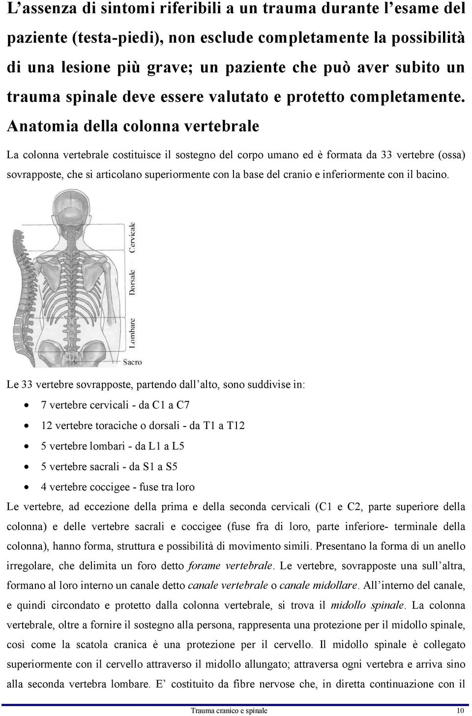 Anatomia della colonna vertebrale La colonna vertebrale costituisce il sostegno del corpo umano ed è formata da 33 vertebre (ossa) sovrapposte, che si articolano superiormente con la base del cranio