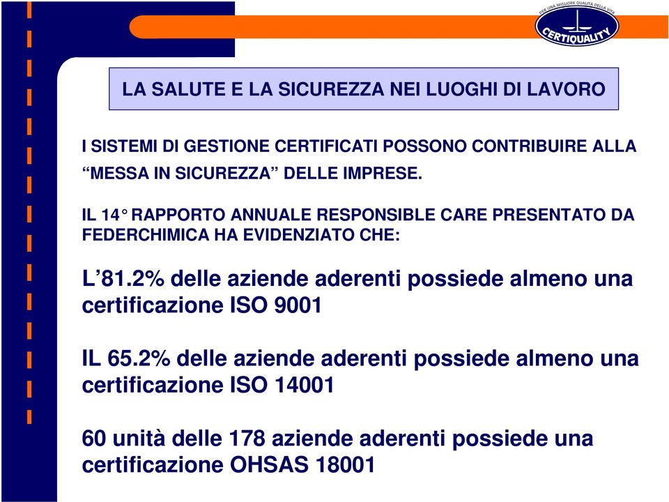 IL 14 RAPPORTO ANNUALE RESPONSIBLE CARE PRESENTATO DA FEDERCHIMICA HA EVIDENZIATO CHE: L 81.