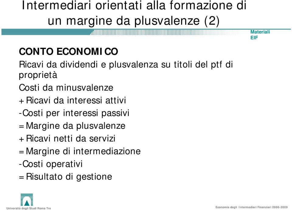 minusvalenze +Ricavi da interessi attivi -Costi per interessi passivi =Margine da