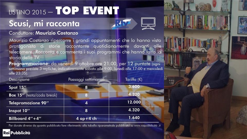 00, per 12 puntate (ogni settimana previste 3 repliche, indicativamente sabato alle 9:00, lunedì alle 17:00 e mercoledì alle 23:35). Descrizione Passaggi settimanali Tariffa ( ) Spot 15 8 3.