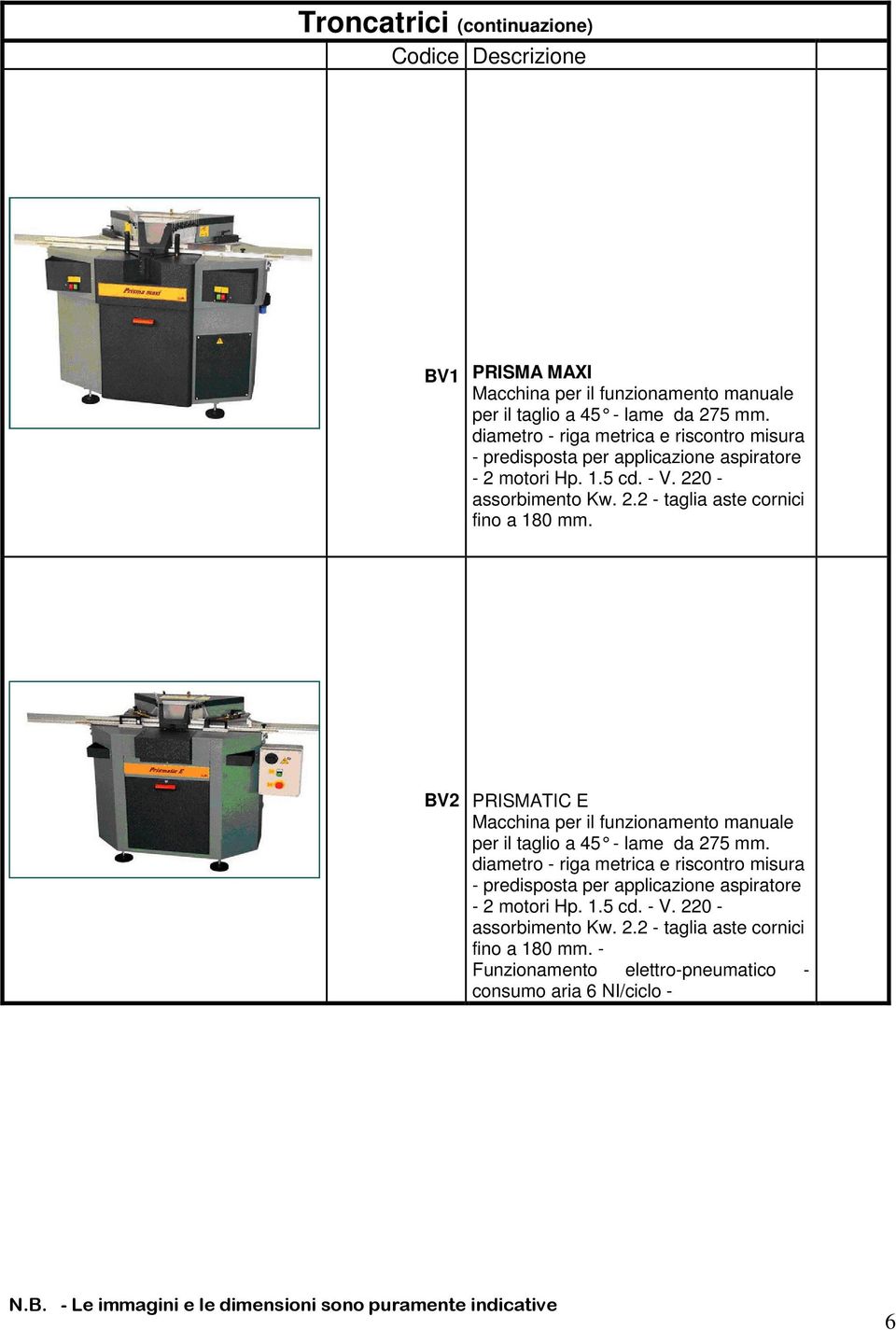 BV2 PRISMATIC E Macchina per il funzionamento manuale per il taglio a 45 - lame da 275 mm.  - Funzionamento elettro-pneumatico - consumo aria 6 NI/ciclo - 6