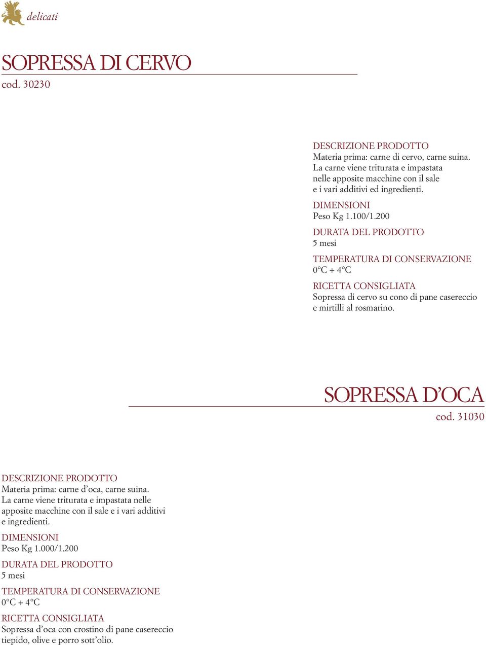 200 5 mesi 0 C + 4 C Sopressa di cervo su cono di pane casereccio e mirtilli al rosmarino. SOPRESSA D OCA cod.