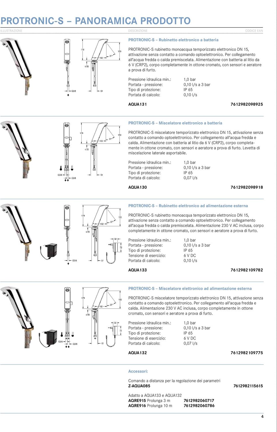 Alimentazione con batteria al litio da 6 V (CRP2), corpo completamente in ottone cromato, con sensori e aeratore a prova di furto.