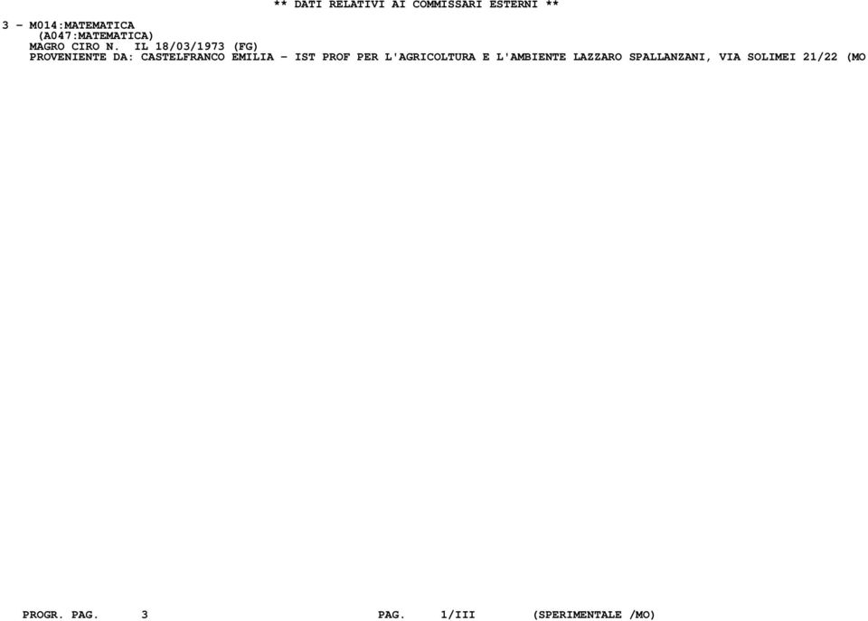 IL 18/03/1973 (FG) PROVENIENTE DA: CASTELFRANCO EMILIA - IST PROF PER