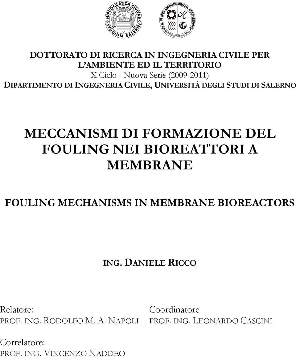 DEL FOULING NEI BIOREATTORI A MEMBRANE FOULING MECHANISMS IN MEMBRANE BIOREACTORS ING.