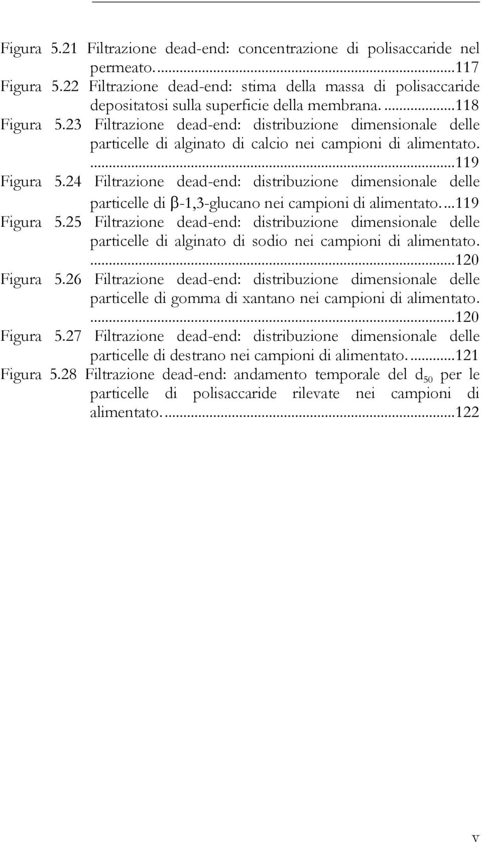 23 Filtrazione dead-end: distribuzione dimensionale delle particelle di alginato di calcio nei campioni di alimentato.... 119 Figura 5.