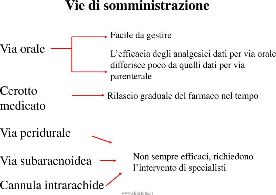 parenterale Rilascio graduale del farmaco nel tempo Via peridurale Via