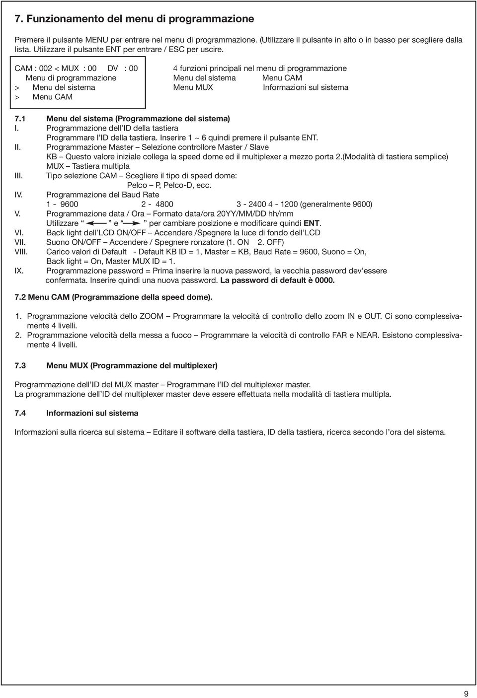 CAM : 002 < MUX : 00 DV : 00 4 funzioni principali nel menu di programmazione Menu di programmazione Menu del sistema Menu CAM > Menu del sistema Menu MUX Informazioni sul sistema > Menu CAM 7.