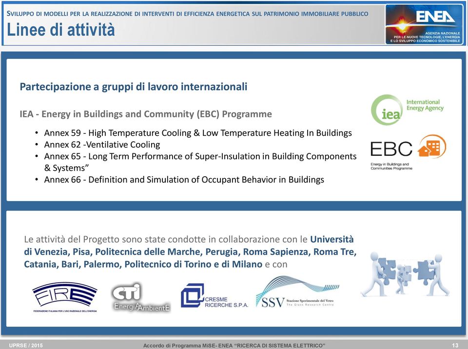 65 - Long Term Performance of Super-Insulation in Building Components & Systems Annex 66 - Definition and Simulation of Occupant Behavior in Buildings Le attività del Progetto sono