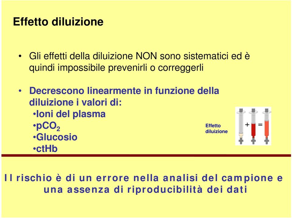 diluizione i valori di: Ioni del plasma pco 2 Glucosio cthb Effetto diluizione Il