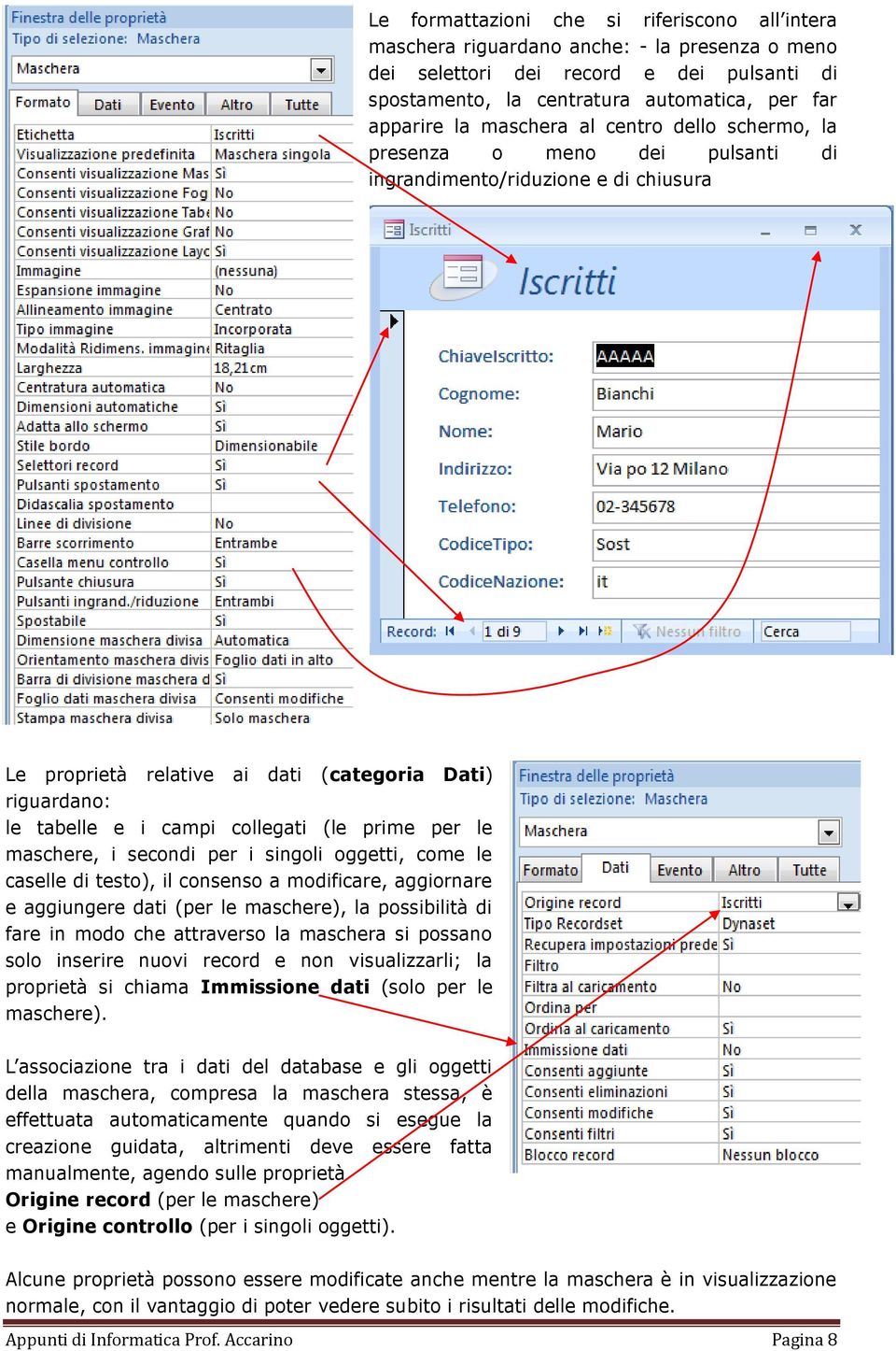 (le prime per le maschere, i secondi per i singoli oggetti, come le caselle di testo), il consenso a modificare, aggiornare e aggiungere dati (per le maschere), la possibilità di fare in modo che