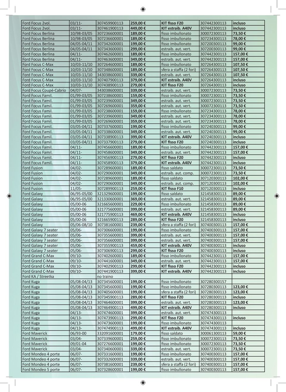 78,00 Ford Focus Berlina 04/05-04/11 307342600001 199,00 fisso imbullonato 307200300113 99,00 Ford Focus Berlina 04/05-04/11 307343600001 299,00 estraib. aut. vert.