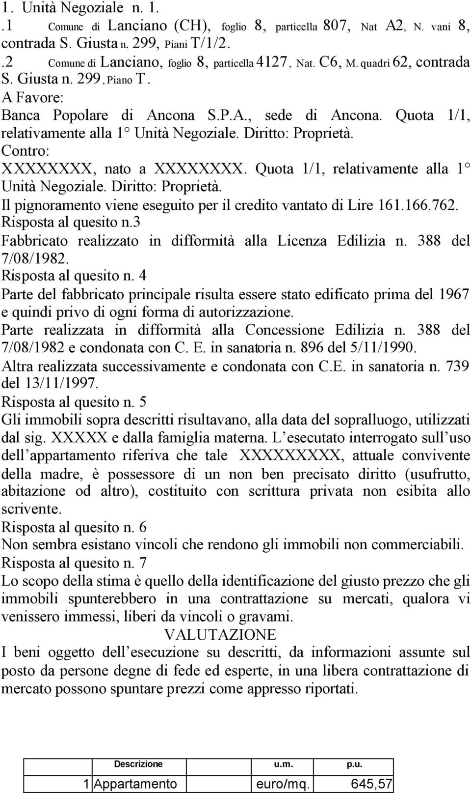 Contro: XXXXXXXX, nato a XXXXXXXX. Quota 1/1, relativamente alla 1 Unità Negoziale. Diritto: Proprietà. Il pignoramento viene eseguito per il credito vantato di Lire 161.166.762.