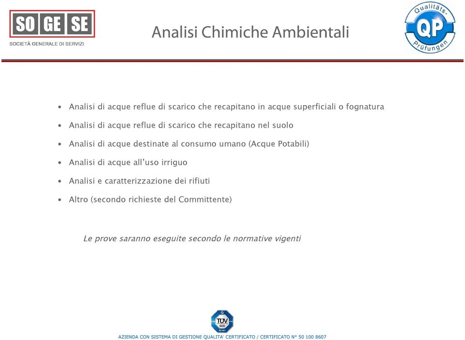 umano (Acque Potabili) Analisi di acque all uso irriguo Analisi e caratterizzazione dei