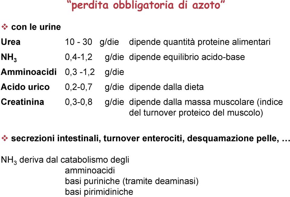 g/die dipende dalla massa muscolare (indice del turnover proteico del muscolo) secrezioni intestinali, turnover