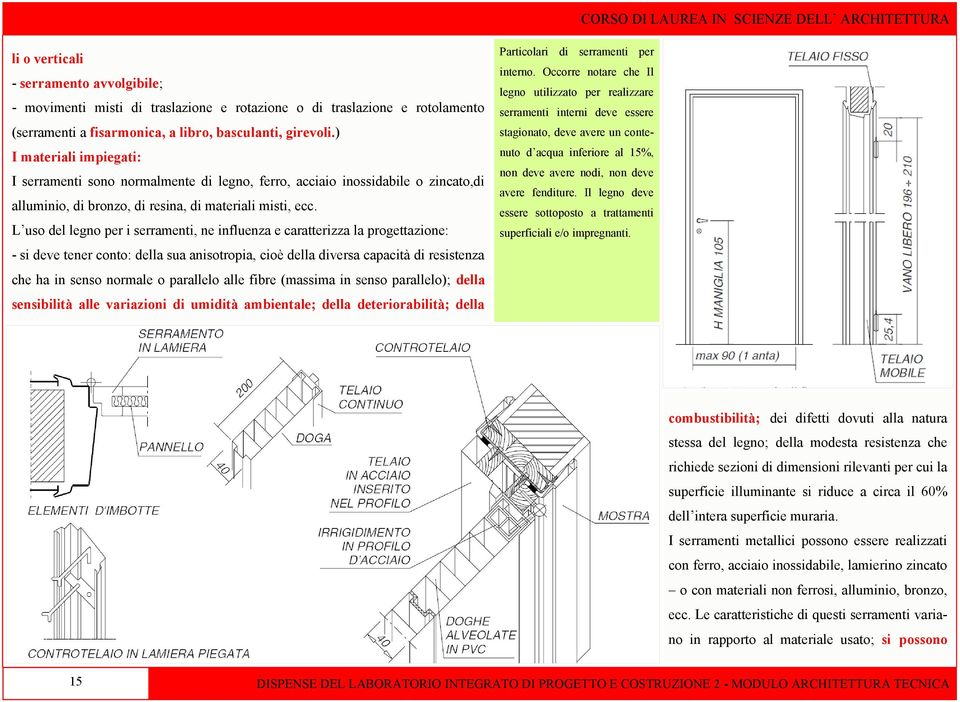 L uso del legno per i serramenti, ne influenza e caratterizza la progettazione: - si deve tener conto: della sua anisotropia, cioè della diversa capacità di resistenza che ha in senso normale o