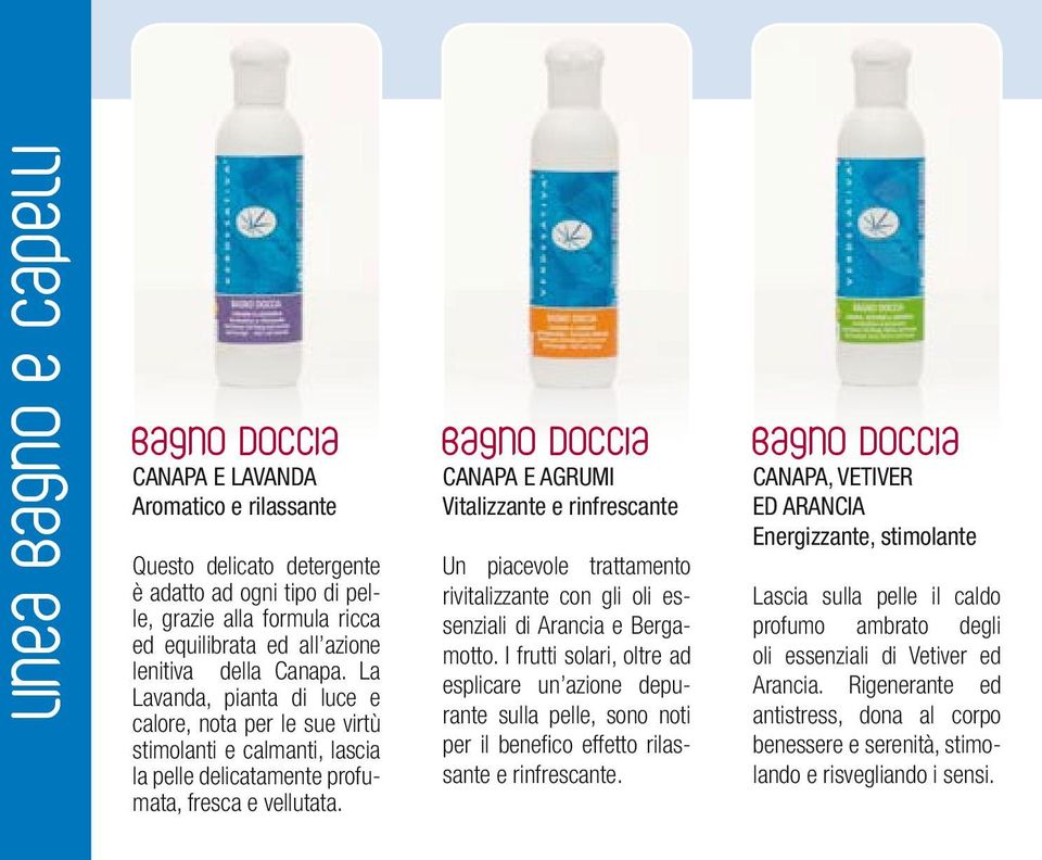 Bagno Doccia CANAPA E AGRUMI Vitalizzante e rinfrescante Un piacevole trattamento rivitalizzante con gli oli essenziali di Arancia e Bergamotto.