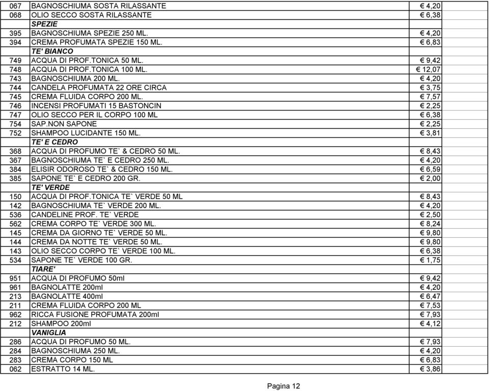 7,57 746 INCENSI PROFUMATI 15 BASTONCIN 2,25 747 OLIO SECCO PER IL CORPO 100 ML 6,38 754 SAP.NON SAPONE 2,25 752 SHAMPOO LUCIDANTE 150 ML. 3,81 TE' E CEDRO 368 ACQUA DI PROFUMO TE` & CEDRO 50 ML.