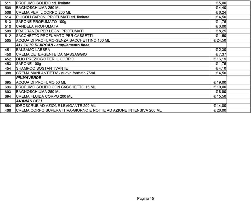 24,50 ALL'OLIO DI ARGAN - ampliamento linea 451 BALSAMO LABBRA 2,30 450 CREMA DETERGENTE DA MASSAGGIO 7,37 452 OLIO PREZIOSO PER IL CORPO 16,19 453 SAPONE 100g 1,75 454 SHAMPOO SOSTANTIVANTE 4,10 388
