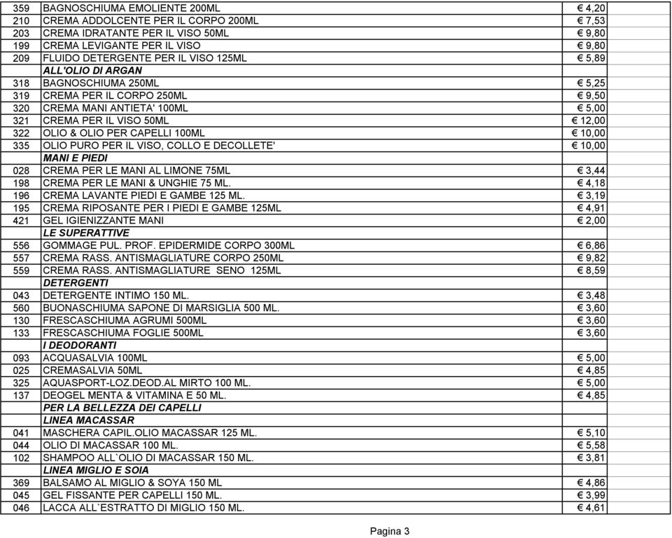 335 OLIO PURO PER IL VISO, COLLO E DECOLLETE' 10,00 MANI E PIEDI 028 CREMA PER LE MANI AL LIMONE 75ML 3,44 198 CREMA PER LE MANI & UNGHIE 75 ML. 4,18 196 CREMA LAVANTE PIEDI E GAMBE 125 ML.