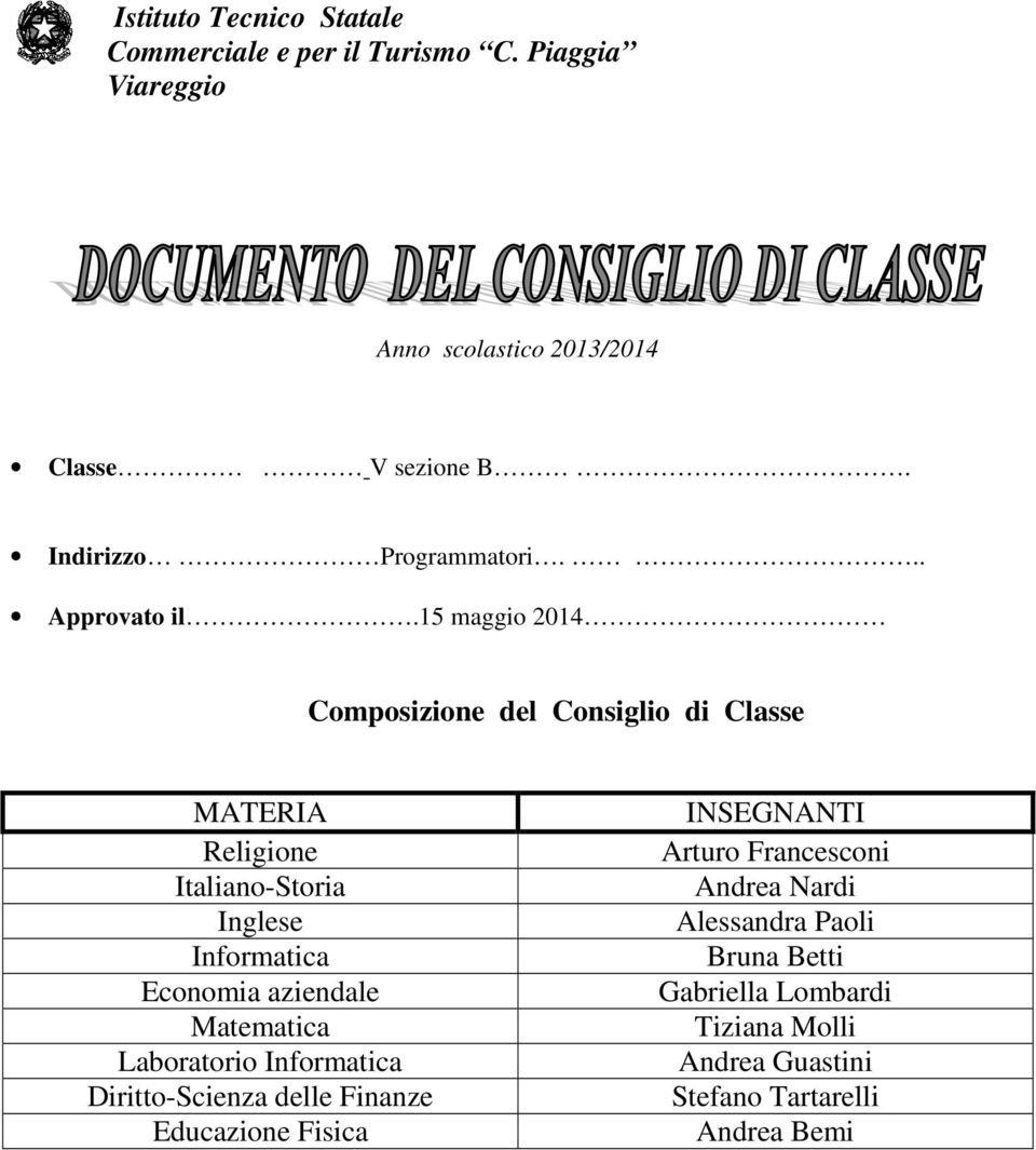 15 maggio 2014 Composizione del Consiglio di Classe MATERIA Religione Italiano-Storia Inglese Informatica Economia aziendale